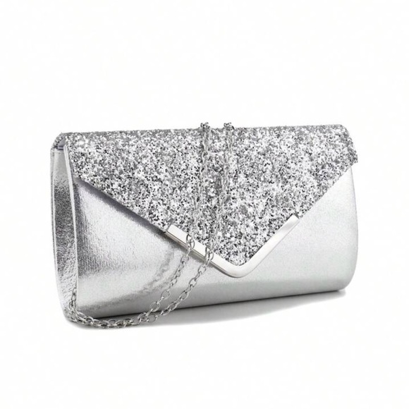 Silver Clutch Bag V Design Metal Chain Glitter Sequined Evening Bag - Picture 3 of 8